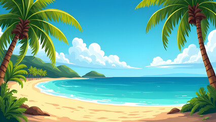 Obraz premium Serene Tropical Beach Paradise with Palm Trees and Blue Sea