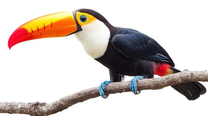 Fototapeta premium Colorful toucan perched on a branch against a white background.