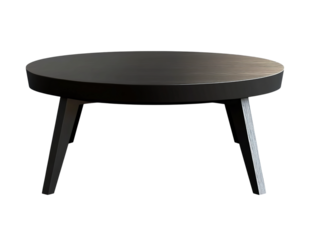 Modern black coffee table with a round top and legs, isolated on Png Format and Transparent Background