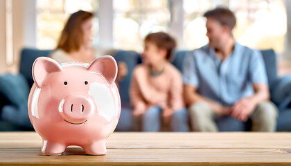 Sparschwein im Vordergrund dahinter eine Familie 