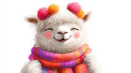 Happy alpaca wearing colorful pom-pom hat and scarf.