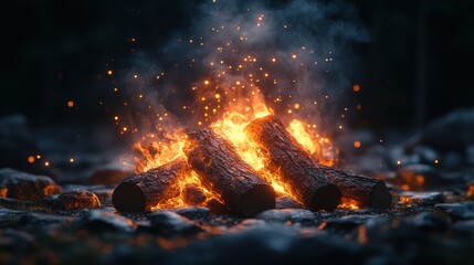 Burning logs create a bright fire with sparks in a dark setting.