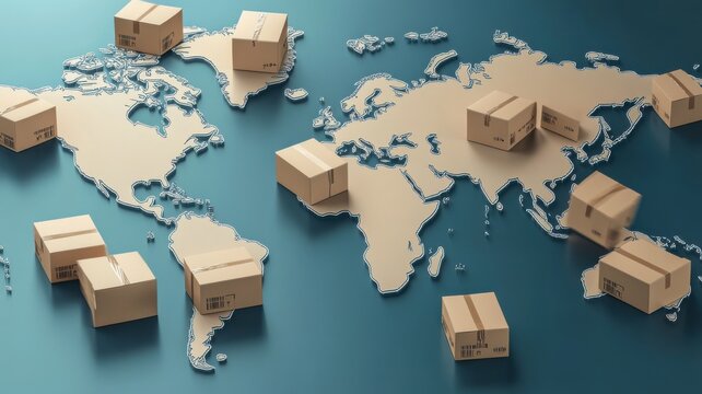 A stylized world map with cardboard boxes representing global shipping and logistics. - Powered by Adobe
