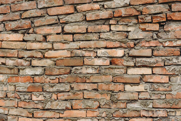 old brick wall, red and white colour, broken bricks, peeling plaster, vintage texture, background for banner, copy space