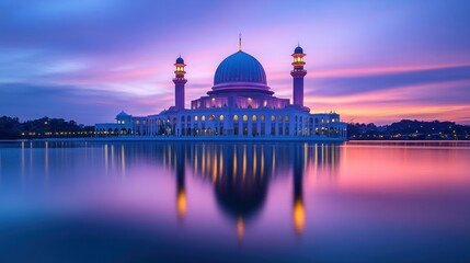 Obraz premium A majestic mosque with a blue dome and minarets reflected in a calm lake at sunset.
