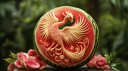A beautiful swan-shaped carving made from a watermelon, gracefully displayed.