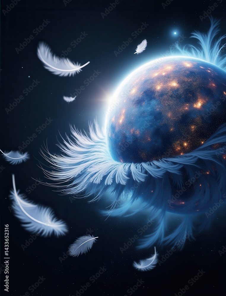 Poster A whimsical depiction of a planet surrounded by ethereal feathers, blending cosmic elements with a light, airy feel.