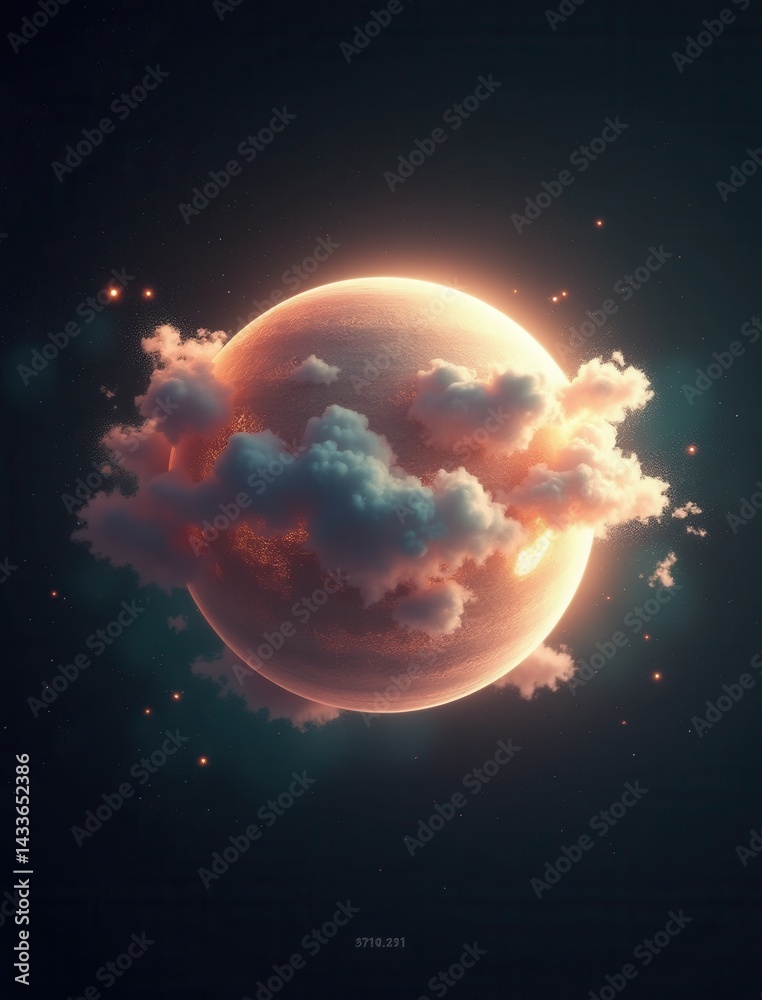 Poster a glowing planet surrounded by soft clouds, set against a dark, starry background, creating a mystic