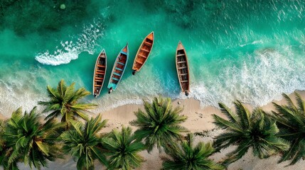Aerial view of four wooden boats on a tropical beach with turquoise water and palm trees.