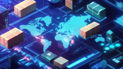 A digital world map overlaid with shipping boxes, symbolizing global logistics and e-commerce, in a futuristic, technology-inspired environment.