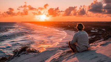 A man sits on a beach at sunset, looking out at the ocean. The sky is filled with clouds, and the sun is setting in the distance. The scene is peaceful and serene