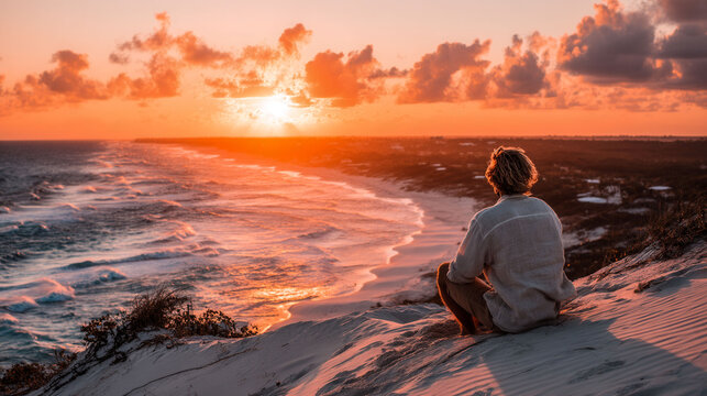 A man sits on a beach at sunset, looking out at the ocean. The sky is filled with clouds, and the sun is setting in the distance. The scene is peaceful and serene