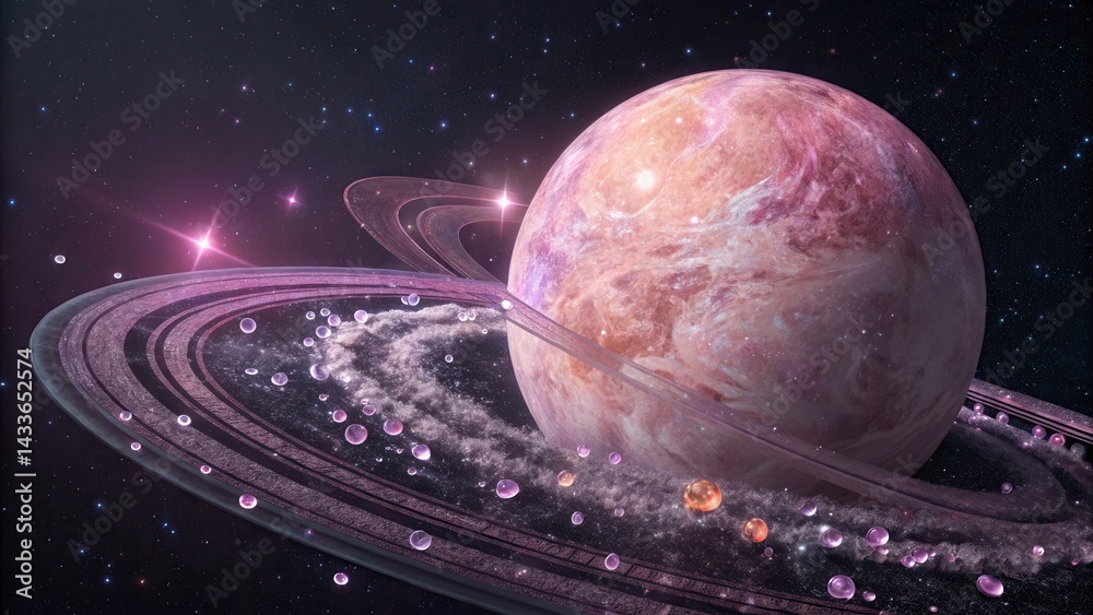 Aufkleber A vivid depiction of a distant, colorful planet surrounded by sparkling rings and cosmic elements in the vastness of space.