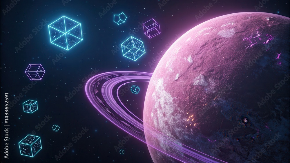 Poster a vibrant digital depiction of a planet with rings, surrounded by glowing geometric shapes in a star