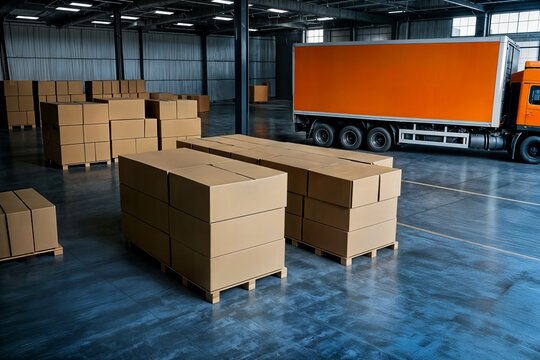 package boxes stacked concept pallets loading into container truck cartons cardboard boxes supply chain supplies shipment warehouse shipping freight truck logistics cargo transport hangar depo