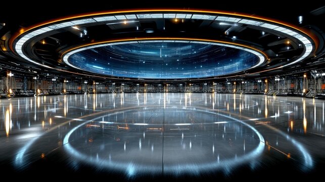 Futuristic circular space with a ceiling depicting a galaxy, illuminated by glowing lights and reflective floors.