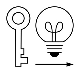 Classic key, glowing lightbulb, and arrow represent unlocking creativity, innovation, progress, knowledge, solutions, goals and strategy. Ideal for success discovery business education flat