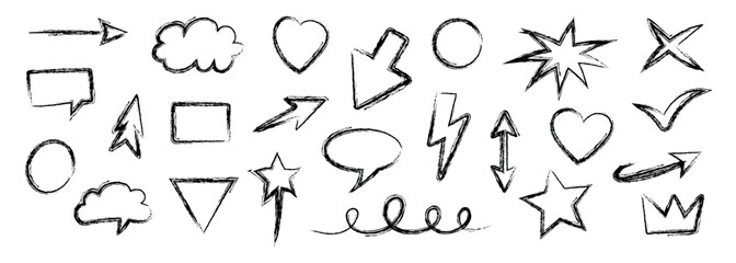 Arrow line hand drawn brush sketch element set.
