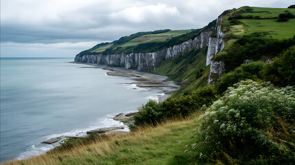 Chalk Cliff Faces And Rolling Green Hills Under Cloudy Daylight, Coastal Landscape Composition For Eco Branding, Print Posters, And Educational Illustration Use