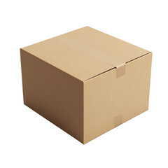 Isolated cardboard box on neutral area, ready for shipping or storage, clean and minimal presentation, with clear tape closure intact