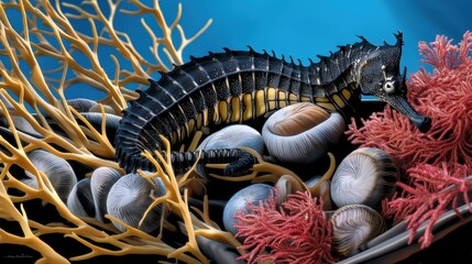 Striking Black and Yellow Seahorse Resting Amidst Vibrant Coral and Shells Underwater Scene