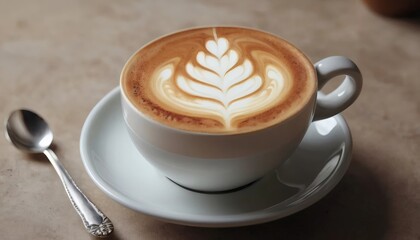 Latte art coffee cup on saucer with spoon for a morning drink