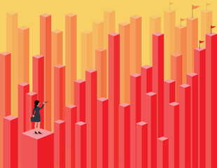 Visionary to see business opportunity or career path. Smart businesswoman looking through telescope for target