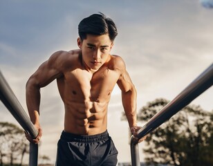 Muscular asian individual performs powerful workout routine on parallel bars during golden hour.