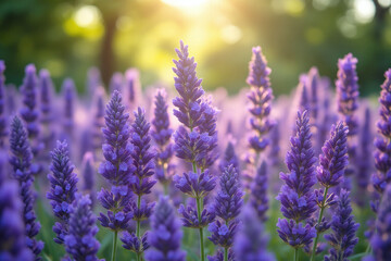 Obraz premium field of lavender flowers with the sun shining through them 22