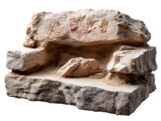 Historic Painted Cave Drawings on Stone Surface with Hand Imprints