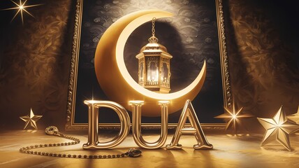 Luxurious Ramadan crescent embracing Golden lantern shining stars detailed rosary elegant 3D gold Dua typography in warm mystical cinematic setting embodying spirituality serenity and festive devotion
