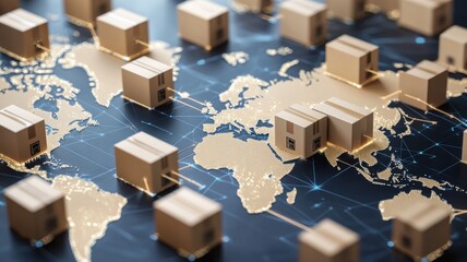 A detailed map with shipping containers highlights global trade connections, showcasing logistics and supply chain management across continents.