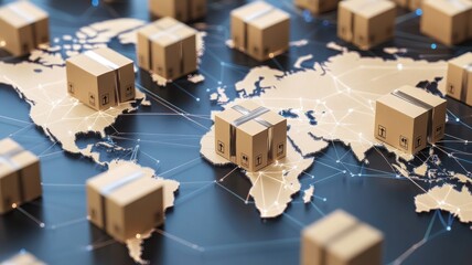 A digital map displaying cardboard boxes on various locations, representing global shipping and logistics networks intertwined with tech connections.