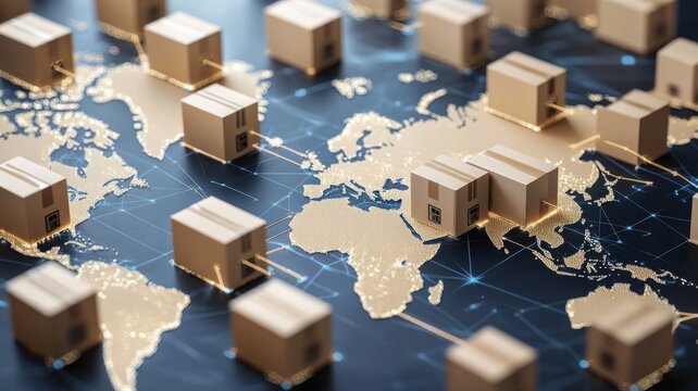 A detailed map with shipping containers highlights global trade connections, showcasing logistics and supply chain management across continents.
