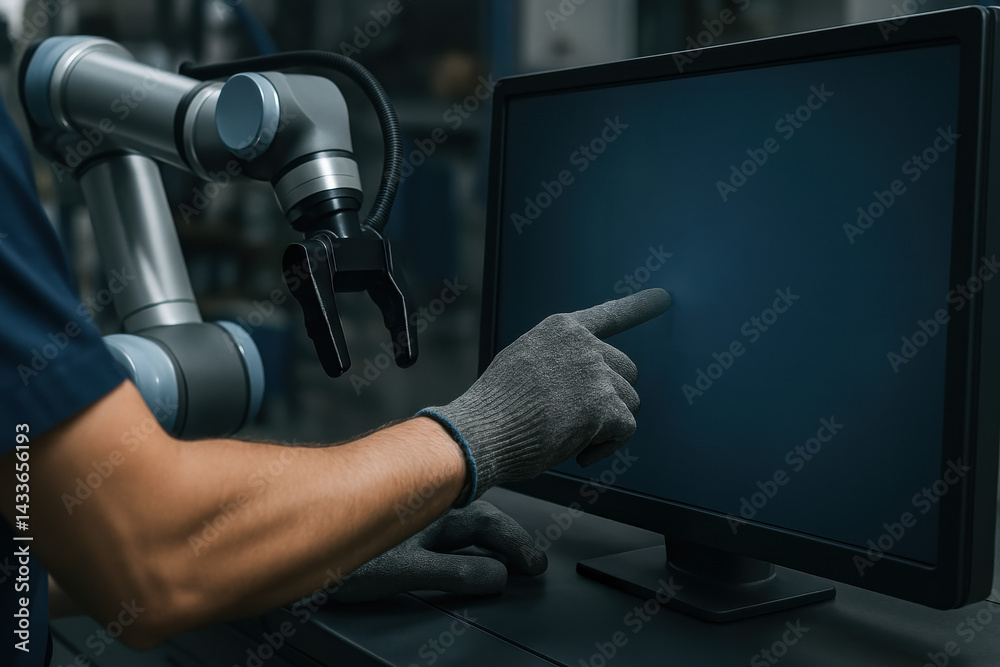 Poster a robotic arm interacts with a computer monitor showcasing the integration automation and technology