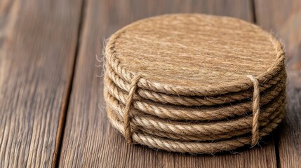 Obraz premium Beige Coasters Bound with Rope on Dark Wood Surface