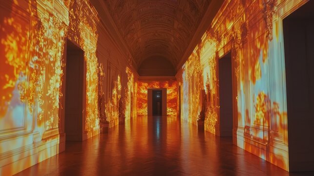 AI-enhanced projection mapping transforming museum walls into moving art