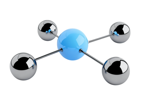 A blue sphere is connected to four chrome spheres  on Png Format and Transparent Background - Powered by Adobe