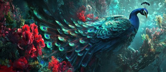 Obraz premium A peacock with vibrant blue feathers sits in a mystical forest, surrounded by red blossoms.