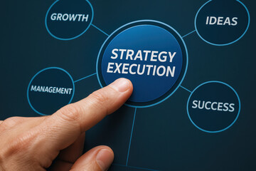 A hand pressing a touchscreen button labeled strategy execution symbolizing business decision making growth and efficient management ideas
