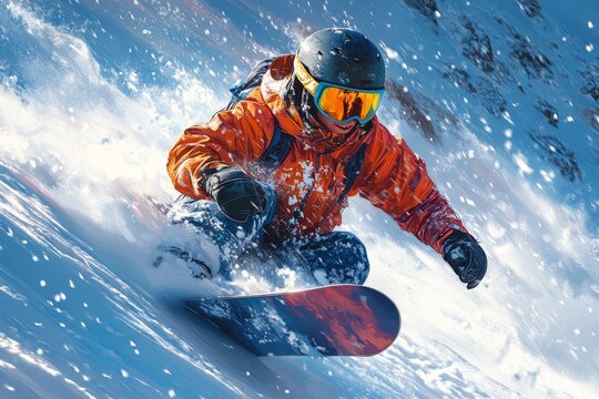 Snowboarder carving powder snow, mountain backdrop, winter sports action