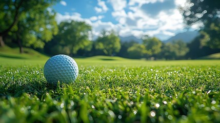 A close - up view of a golf driver hitting a white golf ball on the green grass with a blue sky background. The back view of golf sports equipment shows a perfect setup for the game.