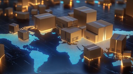 A digital map featuring illuminated boxes representing cargo containers on a global scale, highlighting shipping and logistics.