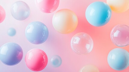 Abstract background with pastel colored spheres on pink background.