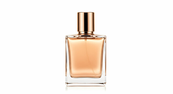 Plain high-end perfume bottles filled with various colored liquids, unbranded and isolated on clean white backgrounds with soft realistic lighting for minimalist product mockups.