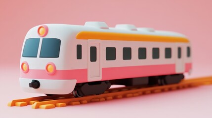 Fototapeta premium A pink and white cartoon train on a yellow track against a pink background.
