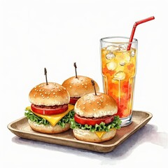 Three Mini Cheeseburgers with Iced Tea on Wooden Tray Watercolor Illustration
