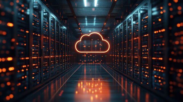 Cloud icon in server room with glowing lights and reflective floor.