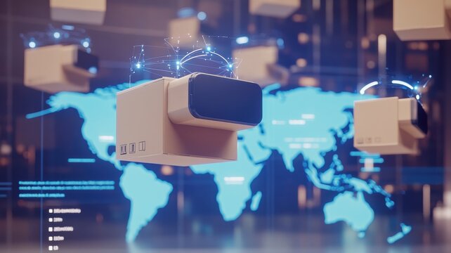 A futuristic scene featuring virtual reality headsets above a digital world map, symbolizing technology and global connectivity.