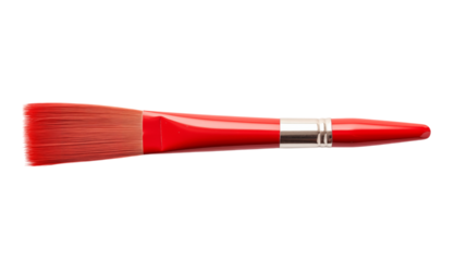 A red paint brush with a silver band on a black background